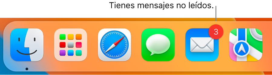 Una parte del Dock mostrando el ícono de la app Mail con un indicador que muestra la cantidad de mensajes no leídos.