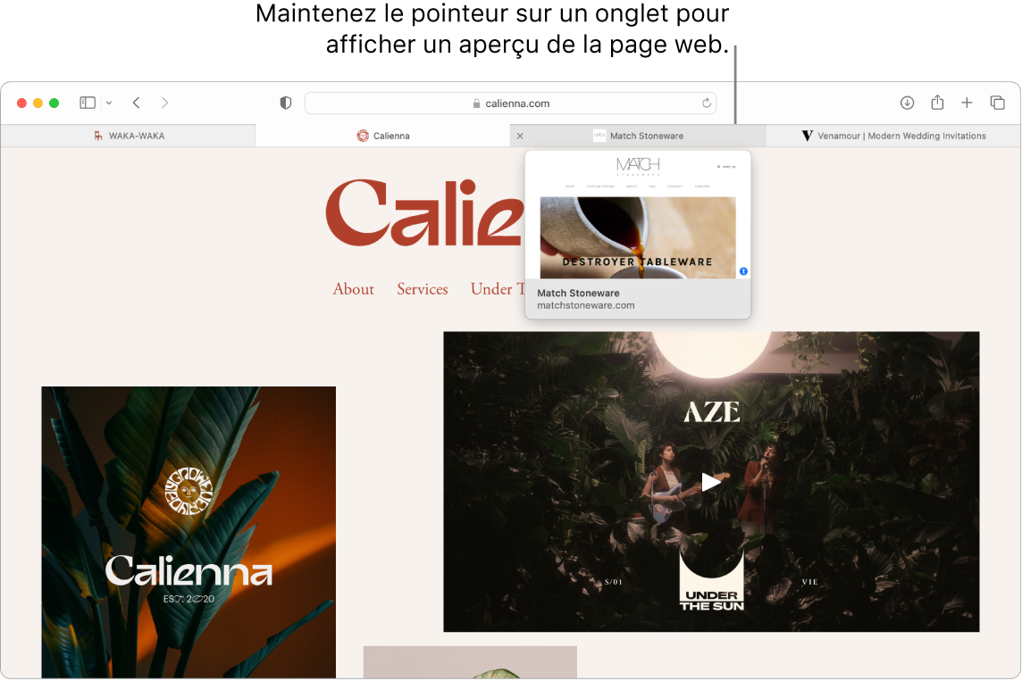 Une fenêtre Safari avec une page web active appelée Calienna, avec trois autres onglets, et une légende pour un aperçu de l’onglet « Match Stoneware » avec le texte « Maintenez le pointeur sur un onglet pour voir un aperçu de la page web ».