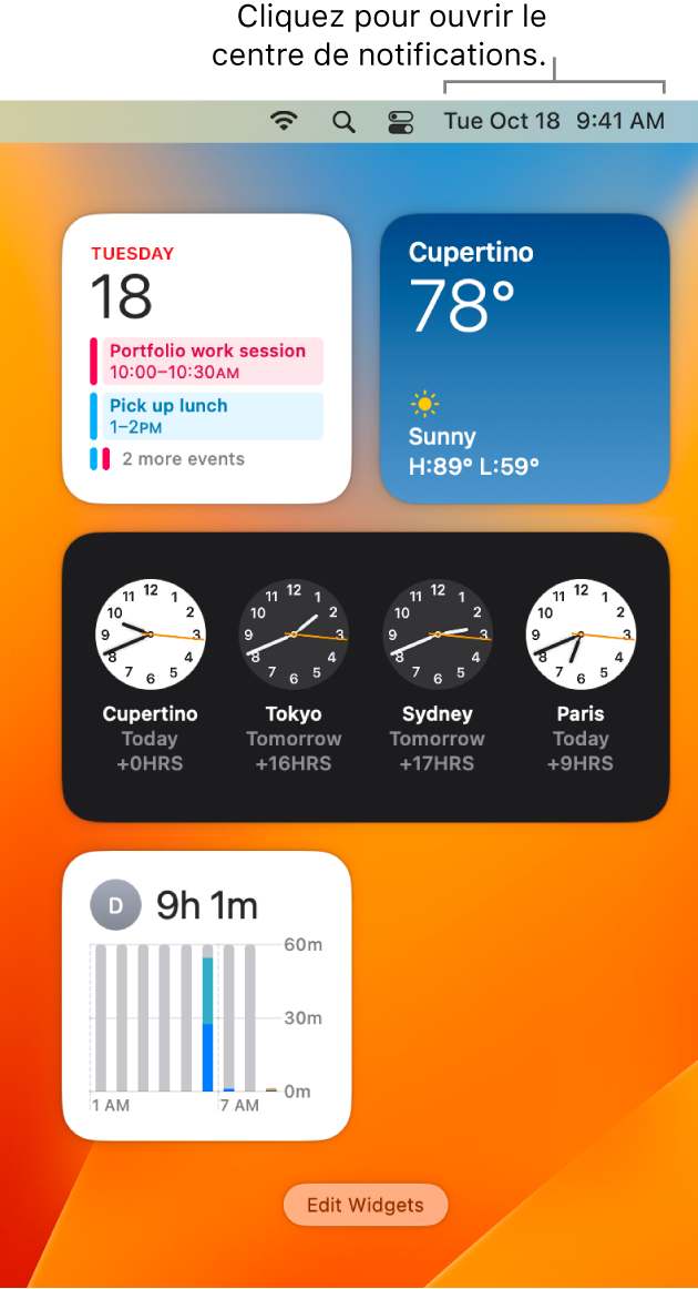 Le centre de notifications avec des notifications et des widgets pour Calendrier, Météo, Horloge et « Temps d’écran ».