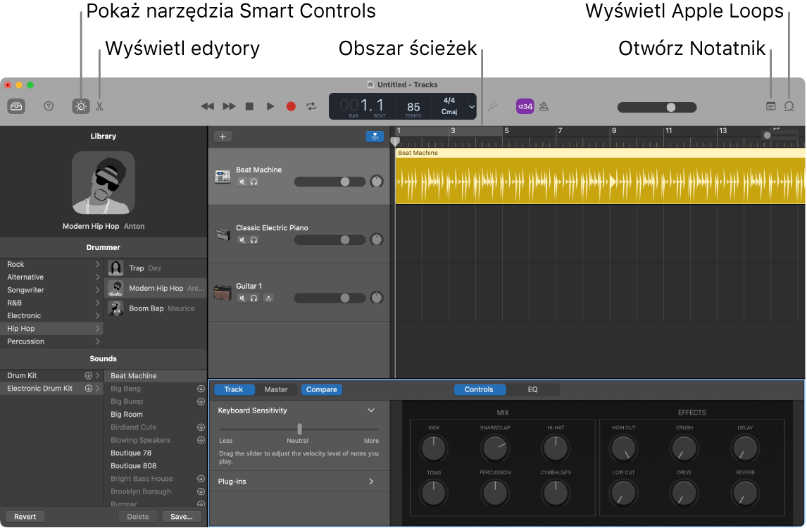 Okno aplikacji GarageBand z opisami przycisków narzędzi Smart Controls, edytorów, notatek i Apple Loops. Widoczny jest także obszar ścieżek.