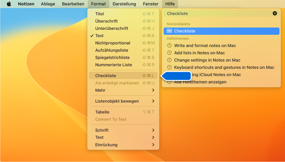Das Menü „Hilfe“ mit einer Suche nach „Liste“. Der Befehl „Aufzählungsliste“ ist in der Ergebnisliste im Menü „Format“ hervorgehoben