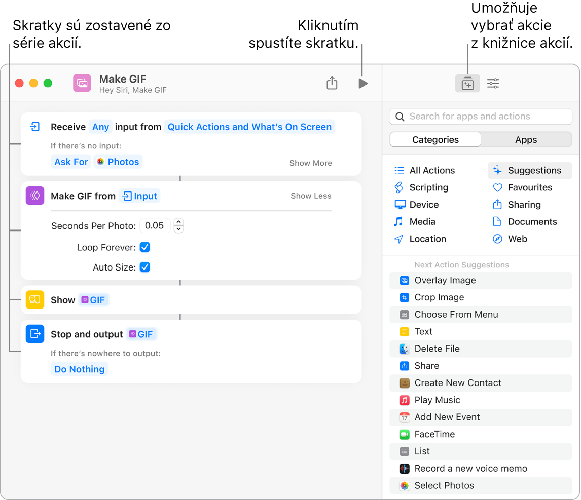 Editor skratiek Vytvoriť GIF naľavo a knižnica akcií napravo.