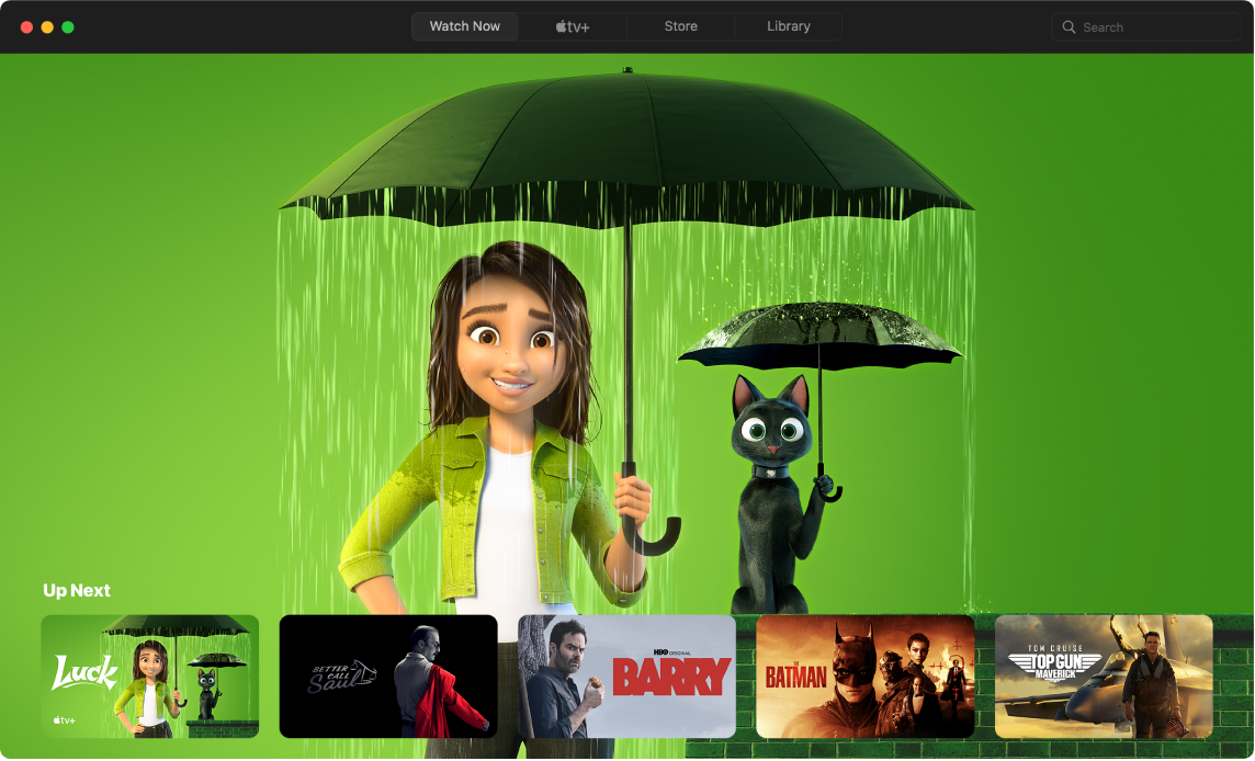 نافذة في تطبيق Apple TV تُظهر عرض المشاهدة الآن.