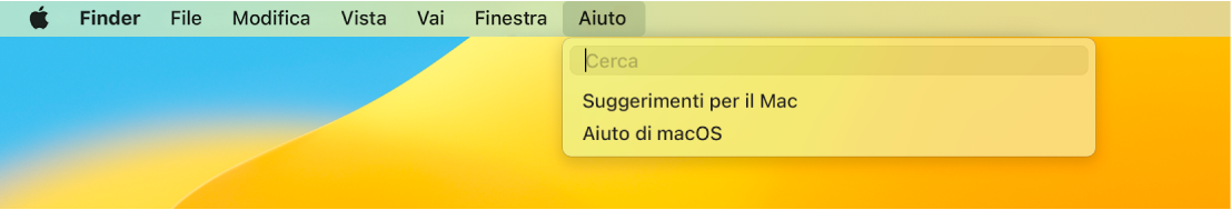 Una vista parziale della scrivania con il menu Aiuto aperto che mostra le opzioni di menu Cerca e Aiuto di macOS.