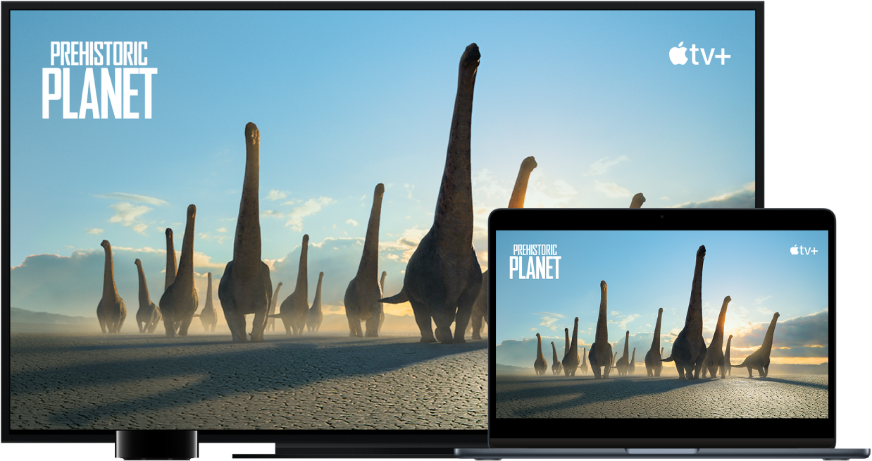 Un MacBook Air con i contenuti duplicati su una grande TV HD tramite Apple TV.