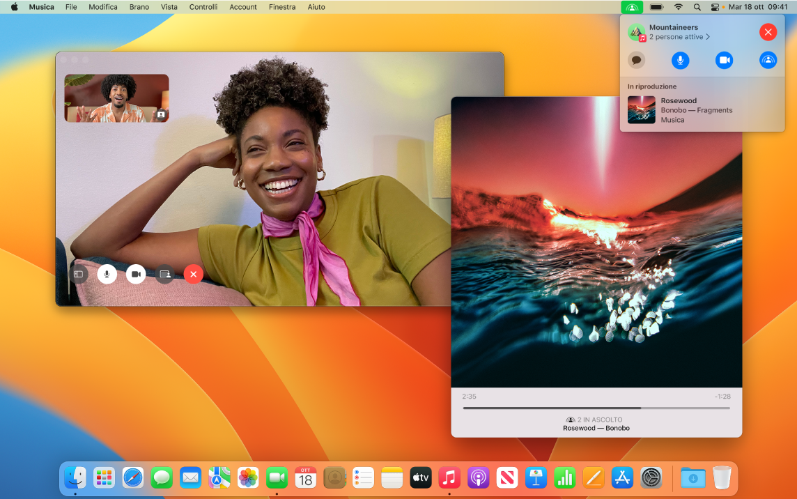 Un'esperienza di ascolto condiviso con gli ascoltatori nella finestra FaceTime e una finestra dell'app Musica che riproduce un brano.
