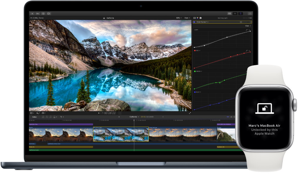 Mac’in kilidinin Apple Watch tarafından açıldığı iletisini görüntüleyen bir MacBook Air ve yanında bir Apple Watch.