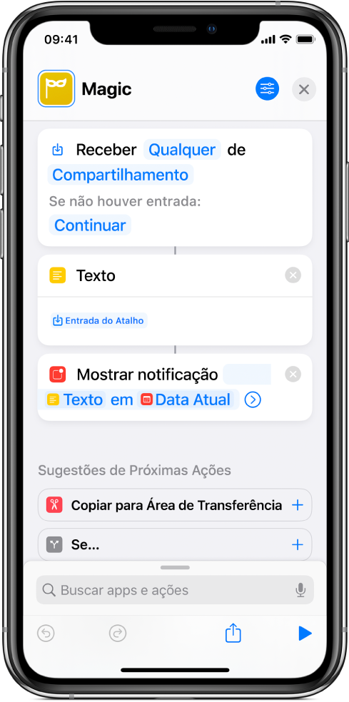 Exemplos de variáveis no editor de atalhos.