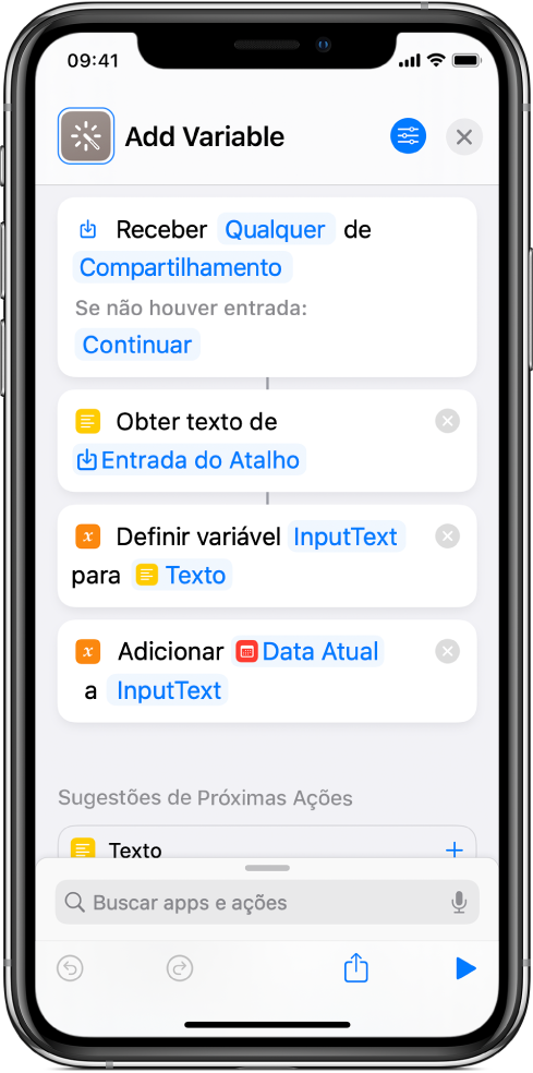 Ações Definir Variável e “Adicionar à Variável” no editor de atalhos.