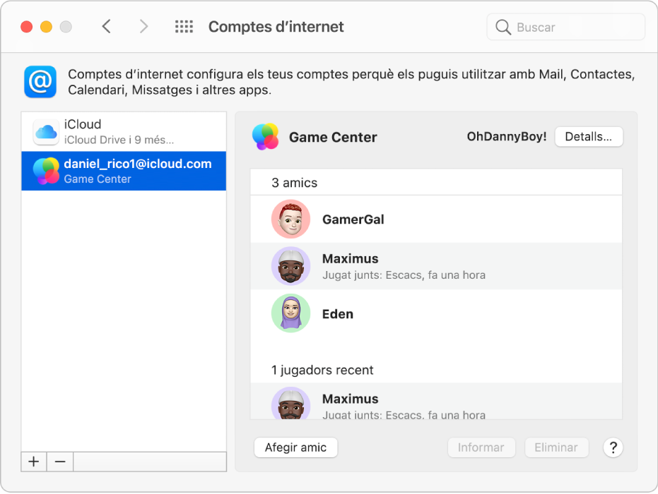 Compte del Game Center seleccionat a “Comptes d’internet” amb els amics de jocs en una llista a la dreta.