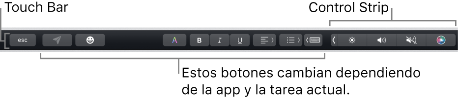 Touch Bar en la parte superior del teclado, mostrando en la izquierda botones que varían según la app o la tarea y, en la derecha, la Control Strip contraída.