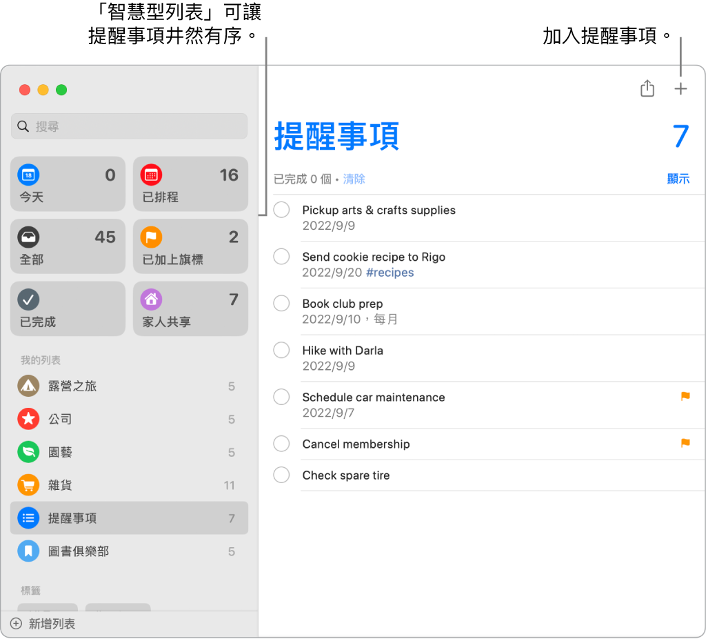 「提醒事項」視窗在左側顯示智慧型列表,而下方為其他提醒事項和列表。指標在提醒事項中。「智慧型列表」和「新增提醒事項」按鈕的說明框。