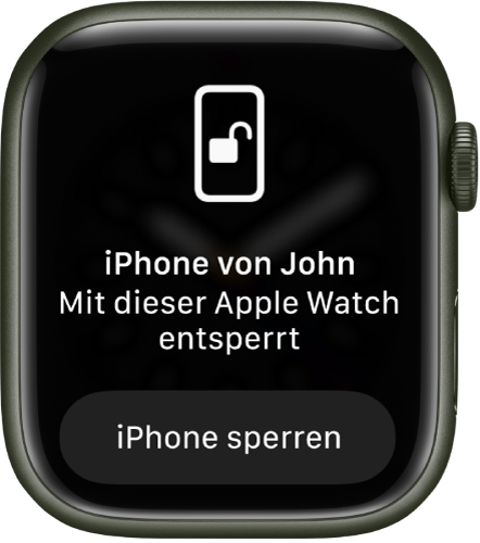 Display der Apple Watch mit der Nachricht „Christians iPhone von dieser Apple Watch entsperrt“ Darunter ist die Taste „iPhone sperren“ zu sehen.