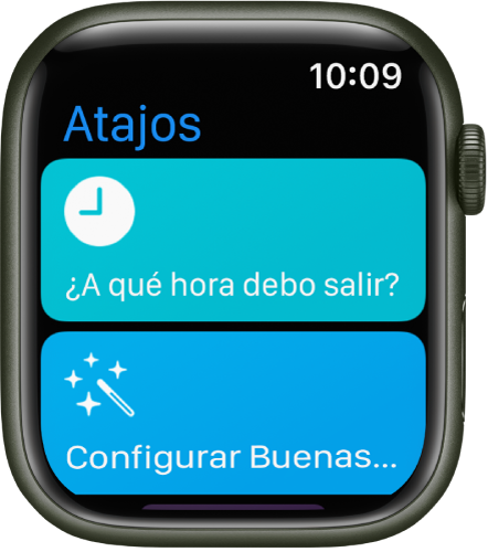 La app Atajos en el Apple Watch muestra dos atajos: ¿A qué hora debo salir? y Establecer buenas noches.