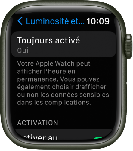 Écran « Luminosité et affichage » affichant le bouton « Toujours activé ».