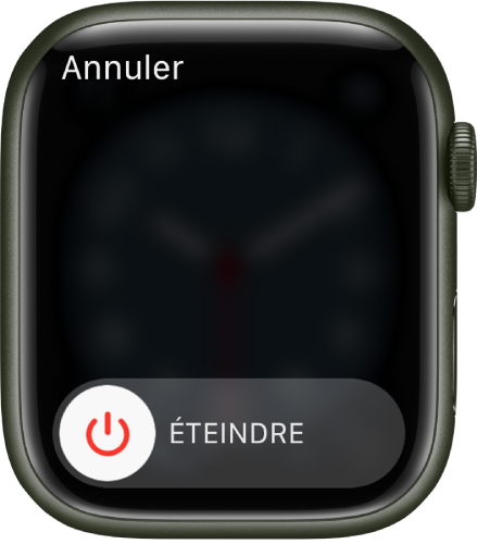L’écran de l’Apple Watch affichant le curseur Éteindre. Faites glisser le curseur pour éteindre l’Apple Watch.