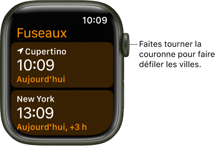 App Fuseaux avec une liste de villes et une barre de défilement.