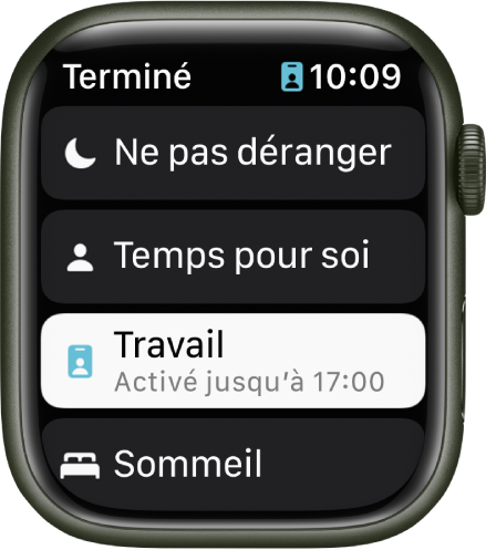 La liste des modes de concentration contient « Ne pas déranger », « Temps pour soi », Travail et Repos. Le mode de concentration Travail est activé.