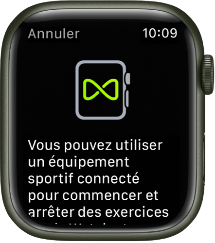 Un écran de jumelage s’affiche lorsque vous jumelez votre Apple Watch avec un équipement sportif.