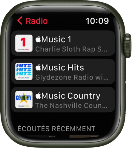 L’écran Radio affichant trois stations de radio Apple Music.