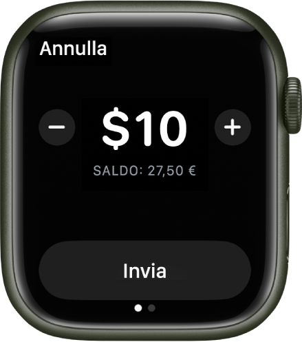 Una schermata di Messaggi in cui viene mostrata la preparazione di un pagamento Apple Cash. In alto, viene visualizzata una cifra in dollari. Il saldo attuale viene visualizzato sotto, mentre il pulsante Invia è in basso.