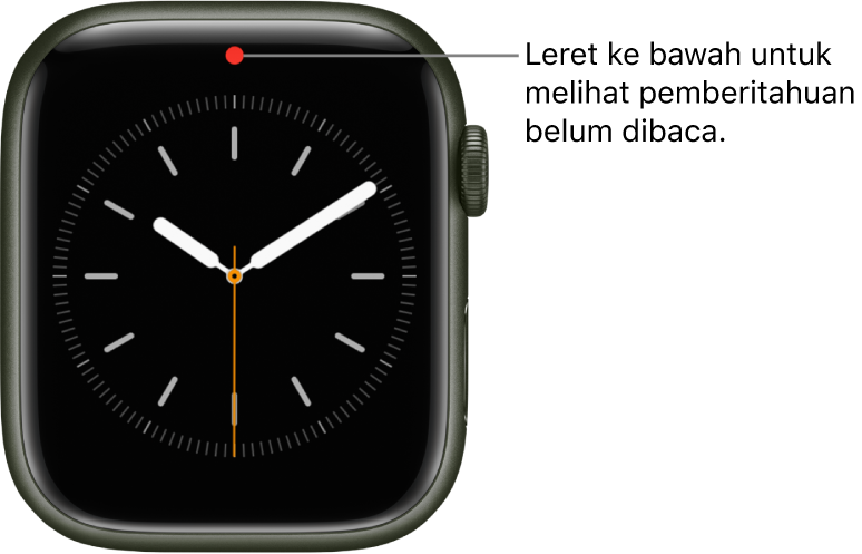 Titik merah kelihatan di bahagian tengah atas muka jam apabila anda mempunyai pemberitahuan belum dibaca.