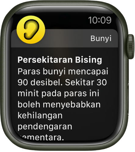 Apple Watch menunjukkan pemberitahuan Bunyi. Ikon untuk app yang berkaitan pemberitahuan kelihatan di bahagian kiri atas. Anda boleh ketiknya untuk membuka app tersebut.