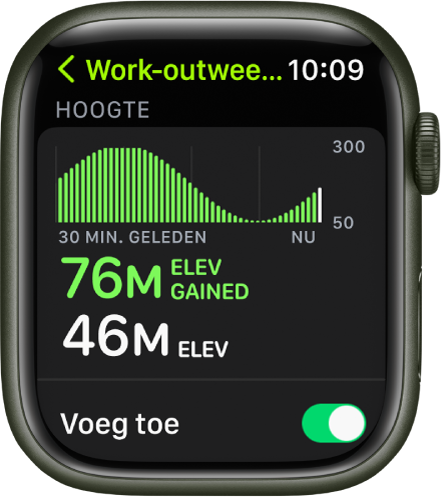 Het scherm 'Work-outweergaven' met de meting 'Hoogte'. Bovenin staat een grafiek die laat zien dat de hoogte na verloop van tijd stijgt en afneemt. Daaronder staan de hoogtestijging en de huidige hoogte. Helemaal onderin bevindt zich de schakelaar 'Voeg toe'.
