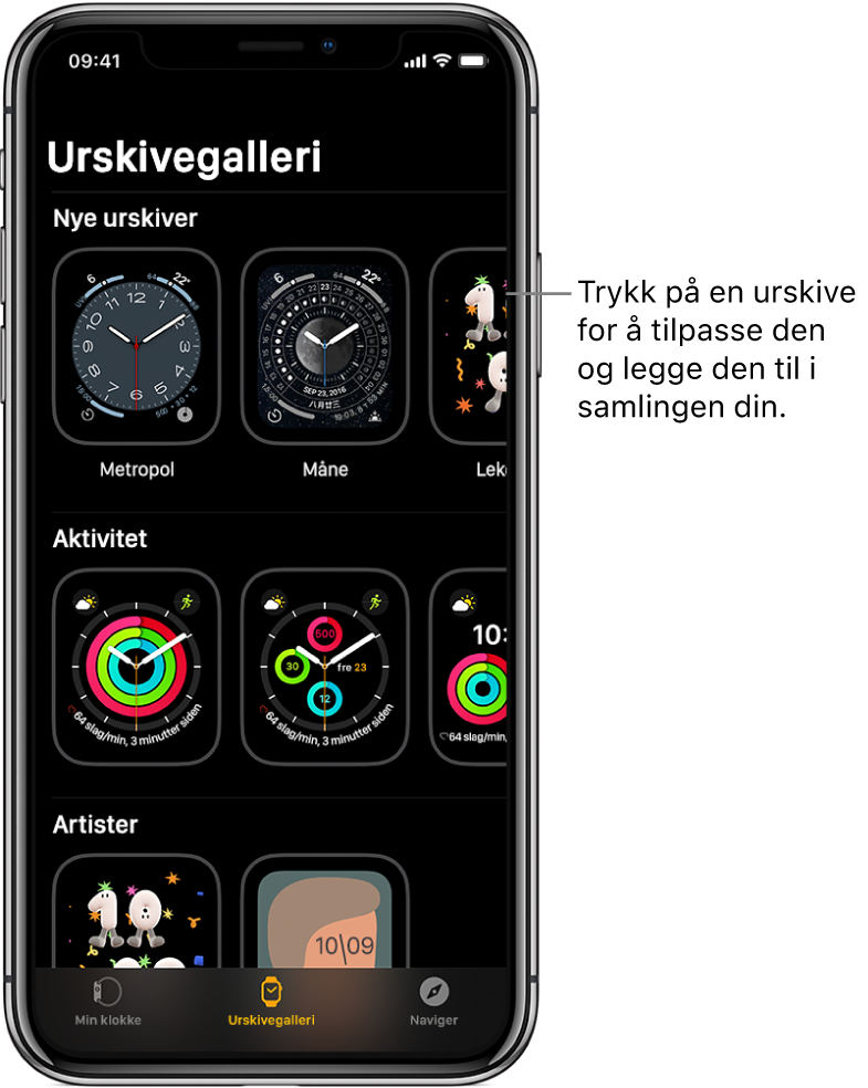 Apple Watch-appen er åpen og viser Urskivegalleri. Den øverste raden viser nye urskiver, og den neste raden viser urskiver gruppert etter type, for eksempel Aktivitet og Kunstner. Du kan rulle for å se flere urskiver gruppert etter type.