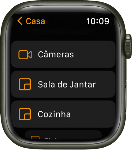 O app Casa mostrando uma lista de cômodos que inclui câmeras e dois cômodos.
