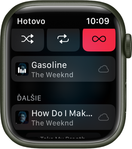 Okno so zoznamom stôp zobrazujúce tlačidlá Zamiešať, Opakovať a Automatické prehrávanie v hornej časti a jednu stopu priamo pod nimi. Naspodku sa pod nápisom Prehrávam ďalšie zobrazuje ďalšia stopa. Vľavo hore sa nachádza tlačidlo Hotovo.