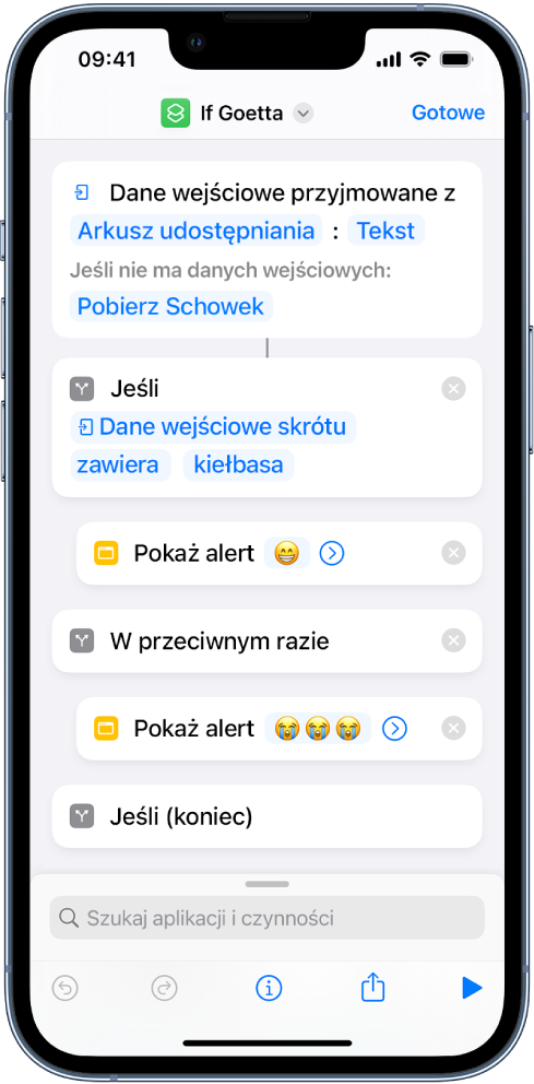 Przykładowy skrót zawierający czynności „Jeśli”.