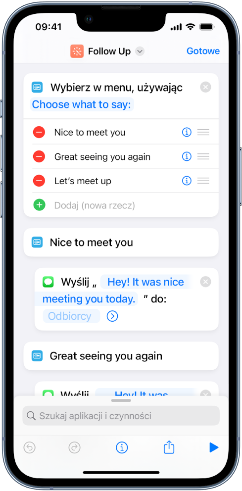 Przykładowy skrót zawierający czynność „Wybierz z menu”.