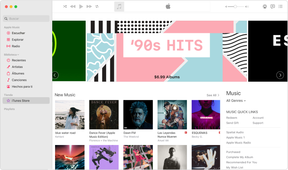 La ventana principal de iTunes Store: en la barra lateral, se resalta iTunes Store.