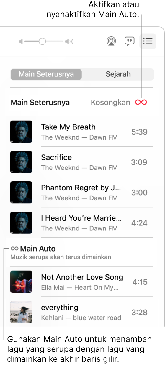 Baris gilir Main Seterusnya. Klik butang Main Auto untuk mengaktifkan atau menyahaktifkannya. Apabila Main Auto aktif, lagu yang serupa ditambah ke penghujung baris gilir.