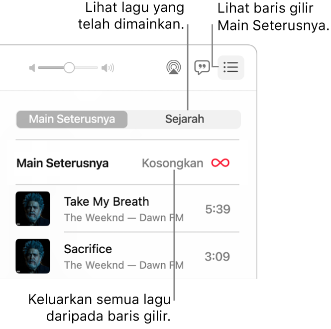 Penjuru kanan atas tetingkap Muzik dengan butang Main Seterusnya dalam sepanduk menunjukkan baris gilir Main Seterusnya. Klik pautan Sejarah untuk melihat lagu yang dimainkan sebelumnya. Klik pautan Kosongkan untuk mengeluarkan semua lagu daripada baris gilir.