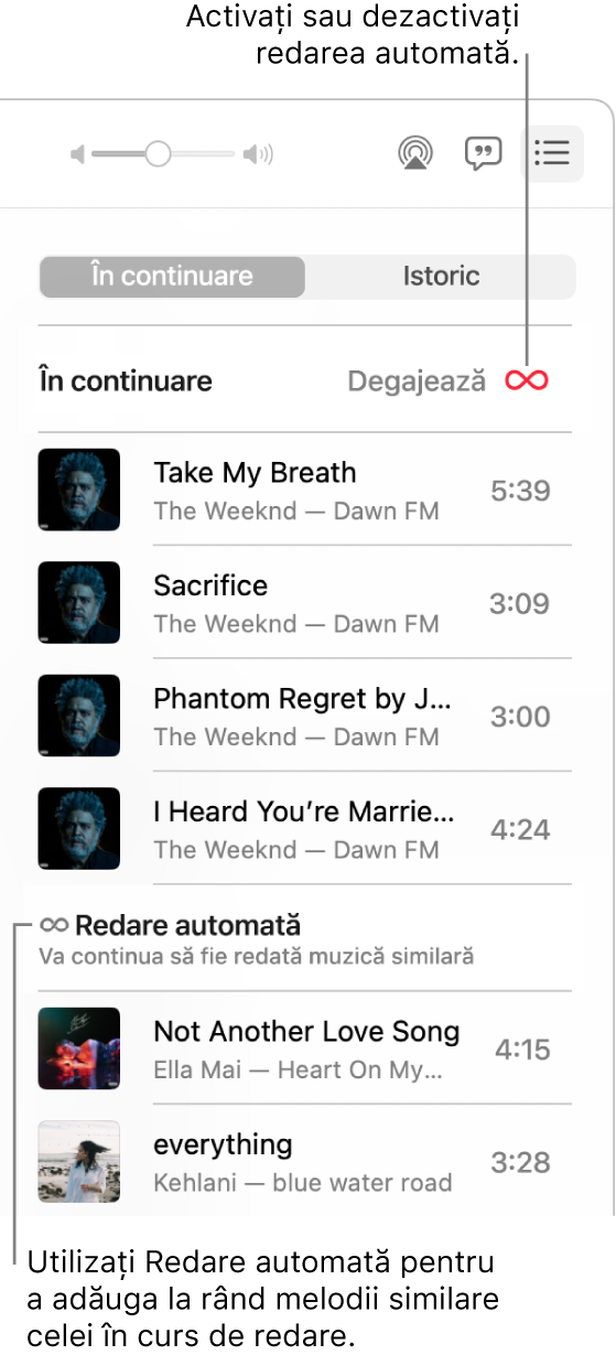Coada “În continuare”. Faceți clic pe butonul de redare automată pentru a o activa sau dezactiva. Când redarea automată este pornită, melodii similare sunt adăugate la sfârșitul cozii.