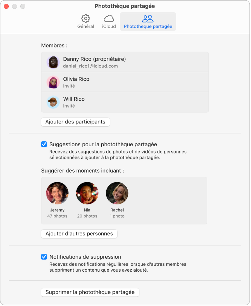La sous-fenêtre « Photothèque partagée » des réglages Photos.
