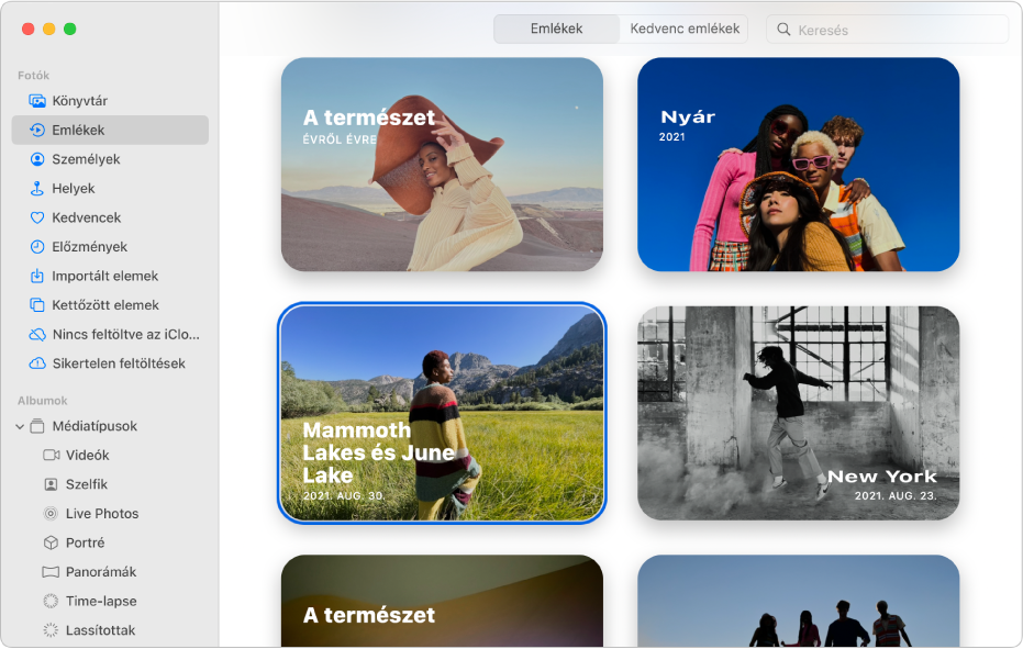 A Fotók ablaka az oldalsávon a kiválasztott Emlékekkel, a jobb oldalon emlékek láthatók.