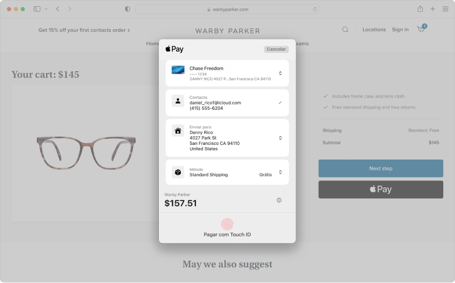 Um site de compras popular que permite o Apple Pay e os detalhes da sua compra, incluindo qual o cartão de crédito que foi debitado, informação de envio, informação da loja e preço de compra.
