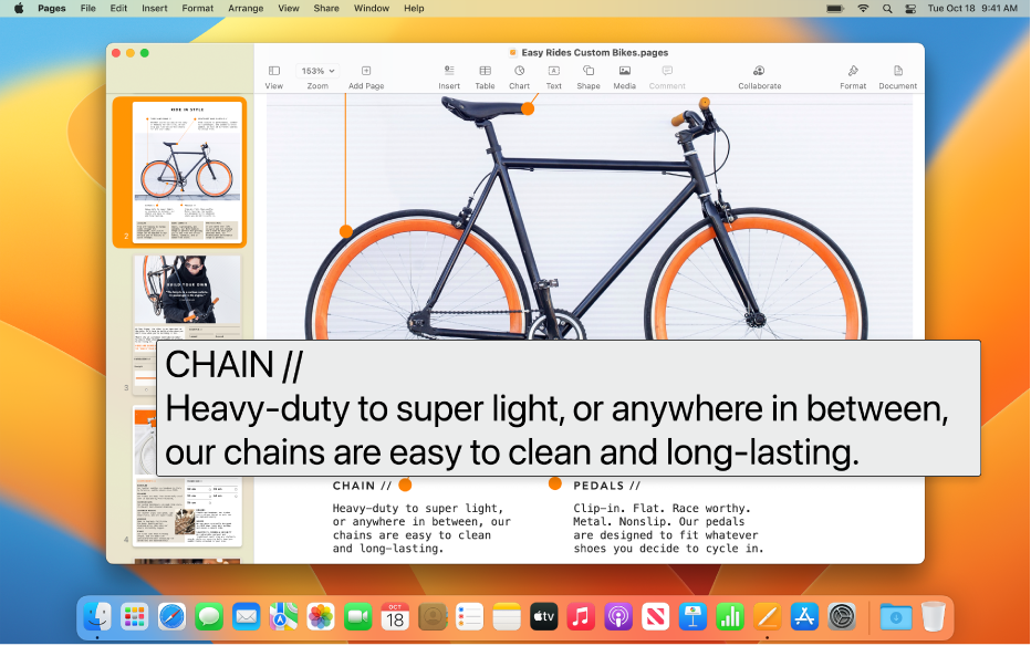 Dokumen Pages dengan jendela Layangkan Teks menampilkan versi teks besar dengan resolusi tinggi di dokumen.