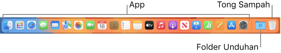 Dock menampilkan ikon untuk app, tumpukan Unduhan, dan Tong Sampah.