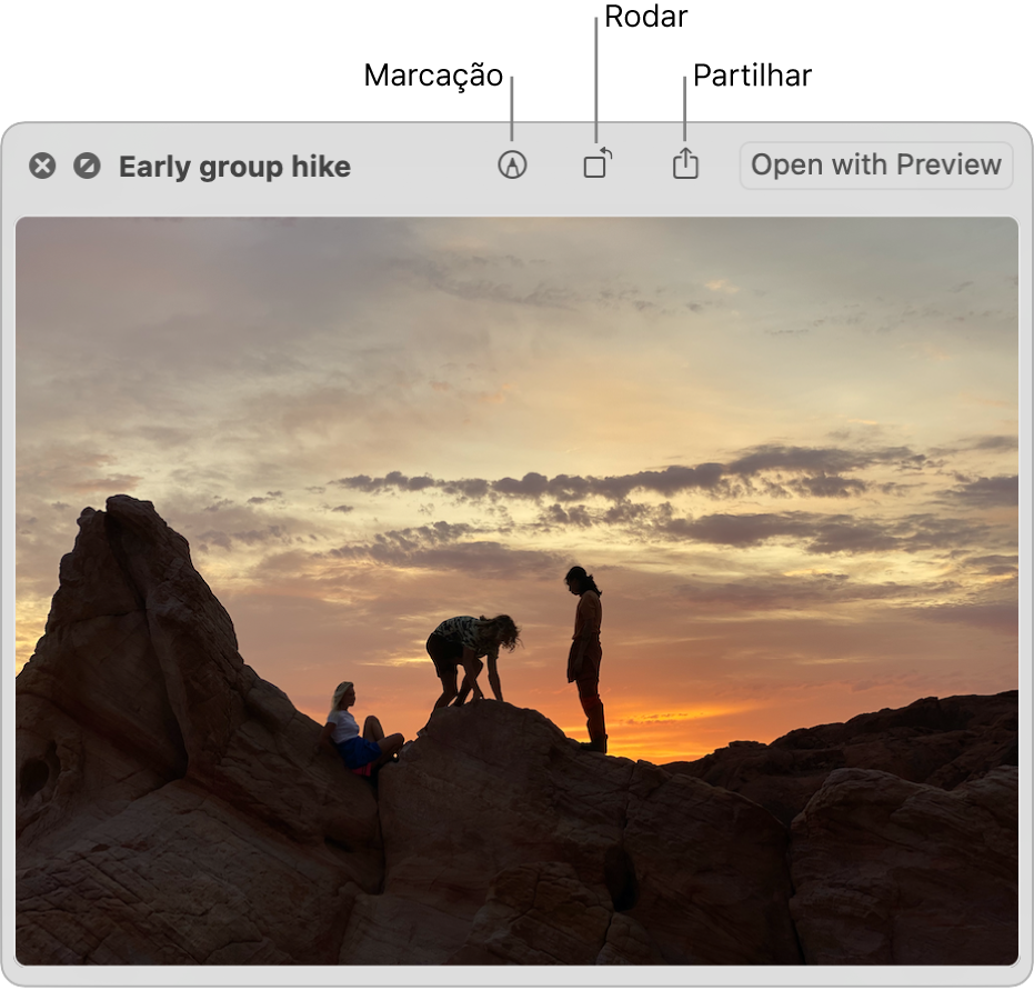 Uma imagem na janela de Vista rápida com botões para marcar, rodar ou partilhar a imagem, ou abri-la na aplicação Pré-visualização.