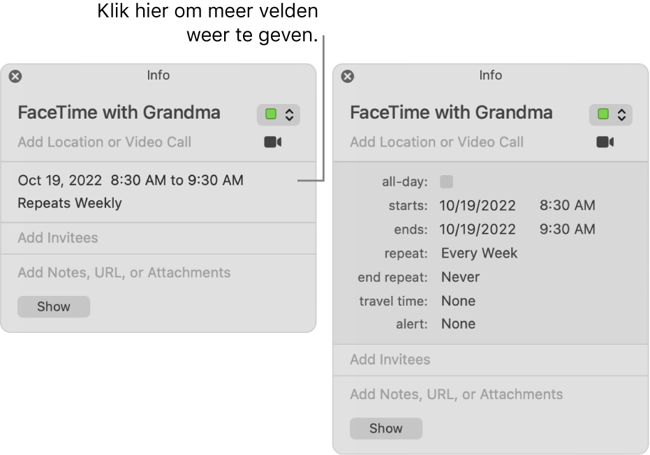 De afbeelding links is een niet-uitgevouwen infovenster voor een activiteit. Rechts is het infovenster voor dezelfde activiteit uitgevouwen en geeft extra velden weer, zoals begin- en eindtijd, herhaling en reistijd.