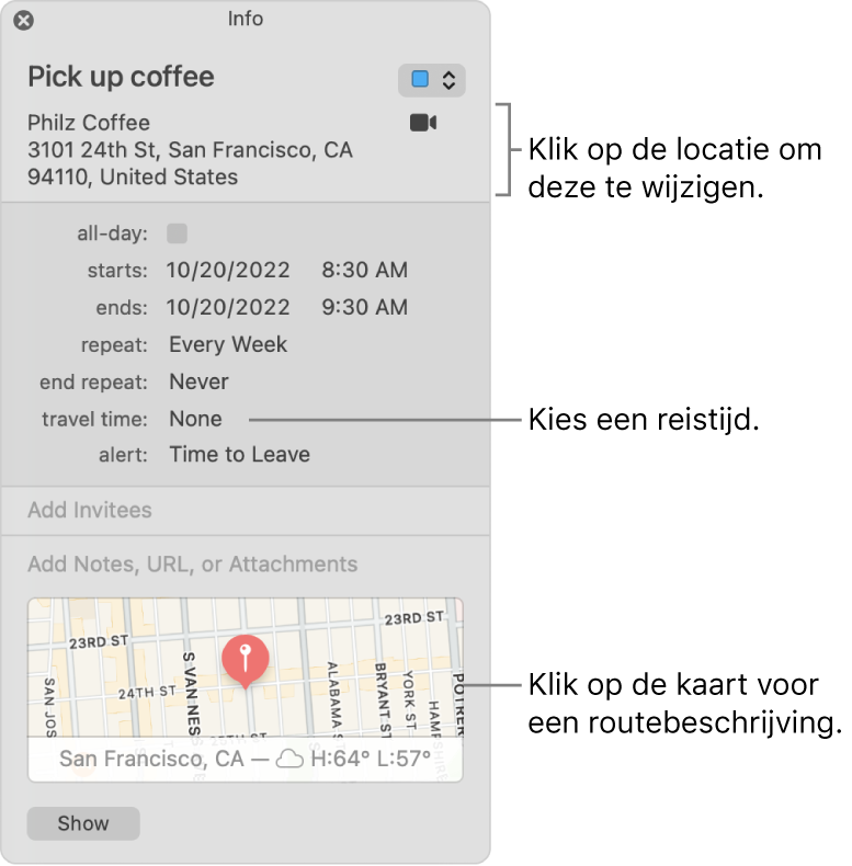 Infovenster voor een activiteit, met de aanwijzer op het venstermenu 'Reistijd'. Klik op de locatie om deze te wijzigen. Kies een reistijd uit het venstermenu. Klik op de kaart voor een routebeschrijving.