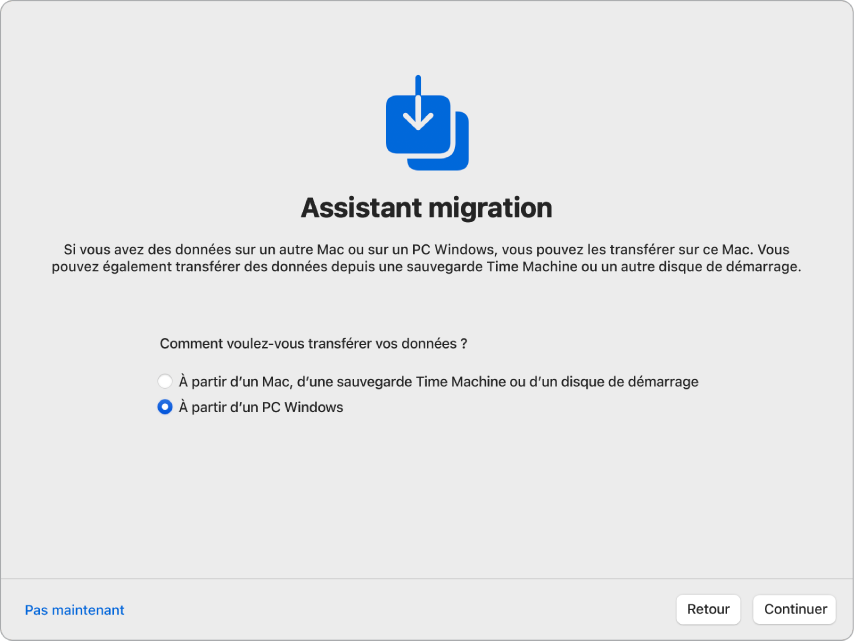 Un écran de lʼAssistant réglages indiquant « Assistant migration ». Une coche permettant de transférer des informations depuis un PC Windows est cochée.