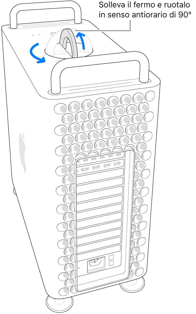 I primi passaggi per rimuovere la custodia del computer sollevando il fermo e ruotandolo di 90 gradi.
