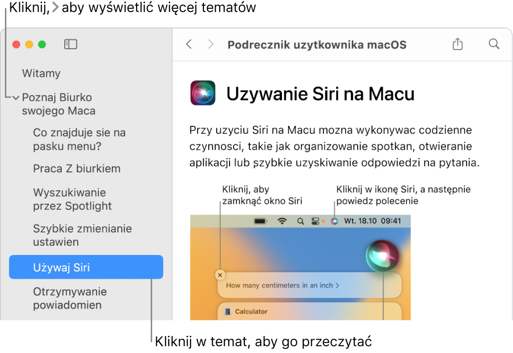 Okno przeglądarki pomocy z objaśnieniem sposobu wyświetlania tematów na pasku bocznym oraz kolejnym objaśnieniem sposobu wyświetlania zawartości tematu.