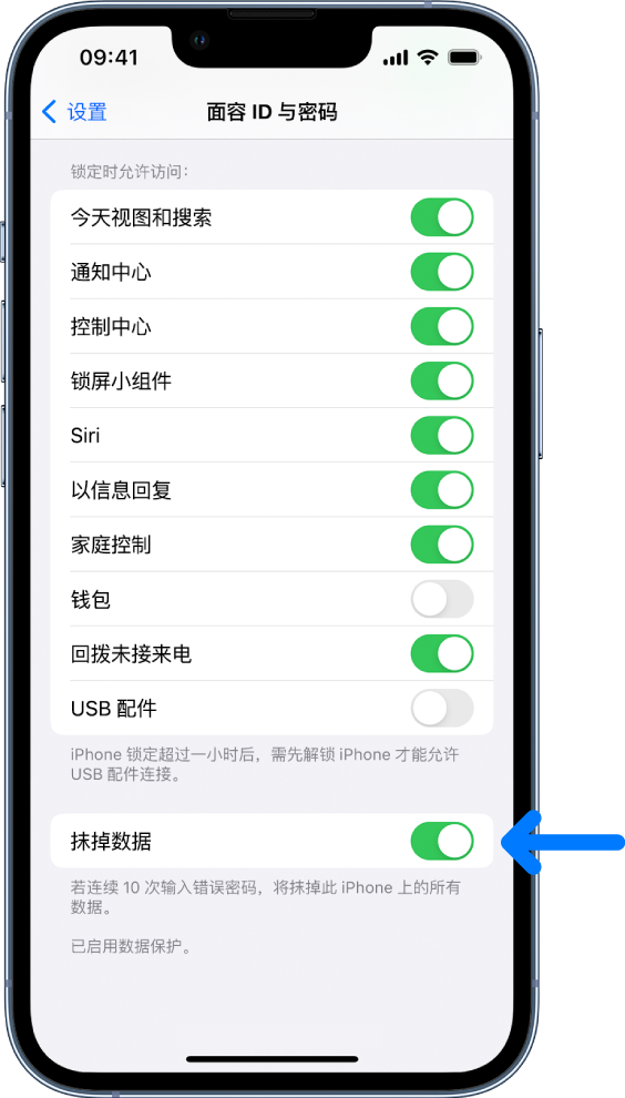 “抹掉数据”控制,位于“设置”中的“面容 ID 与密码”屏幕底部。
