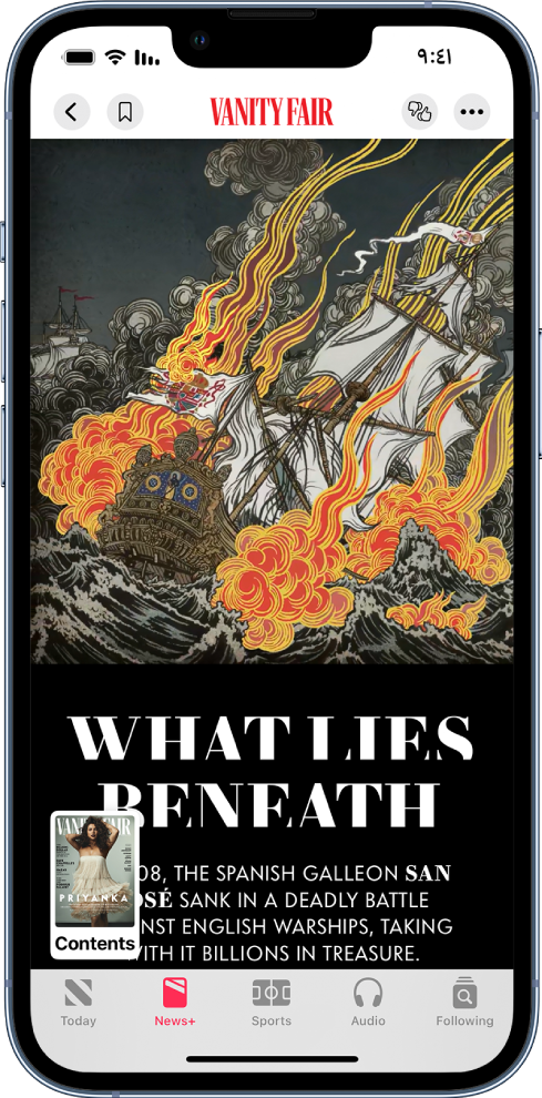 شاشة تعرض مقالة في مجلة. في الأعلى تظهر أزرار Back و Bookmark و Suggest More/Suggest Less و Options. يظهر اسم دار النشر أيضًا في الجزء العلوي. تظهر المقالة أسفل الأزرار. في أسفل يسار الشاشة يوجد زر Contents (تمثله صورة مصغرة لغلاف المجلة).